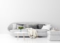 Home interior with gray sofa and white wall mock up, Scandinavian style