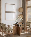 Home interior in japanese style, frame mockup in dining room background