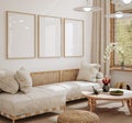 Home interior in japanese style, frame mockup in living room background