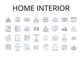 Home interior line icons collection. Office space, Kitchen design, Living room, Bedroom decor, Exterior design, Bathroom Royalty Free Stock Photo