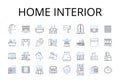 Home interior line icons collection. Office space, Kitchen design, Living room, Bedroom decor, Exterior design, Bathroom Royalty Free Stock Photo