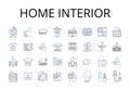 Home interior line icons collection. Office space, Kitchen design, Living room, Bedroom decor, Exterior design, Bathroom Royalty Free Stock Photo