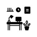 Black solid icon for Home office, furniture and flower pot Royalty Free Stock Photo