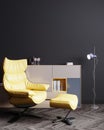 home interior, luxury modern dark living room interior, black empty wall mock up, yellow armchair, 3d render Royalty Free Stock Photo