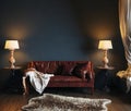 Home interior, luxury modern dark living room interior, black empty wall mock up Royalty Free Stock Photo