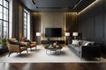 Home interior, luxury modern dark living room interior, black empty wall mock up Ai generated. Royalty Free Stock Photo