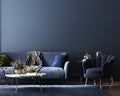 Home interior, luxury modern dark living room interior, blue empty wall mock up Royalty Free Stock Photo