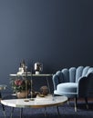 Home interior, luxury modern dark living room interior, blue empty wall mock up