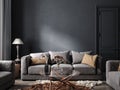 Home interior, luxury modern dark living room interior, empty wall mock up Royalty Free Stock Photo
