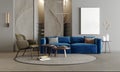 Home interior mock-up with blue sofa wooden table and dÃ©cor in grey living room empty frame