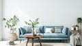 Home interior mock-up with blue sofa, wooden table and decor in white living room. AI Generative Royalty Free Stock Photo