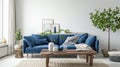 Home interior mock-up with blue sofa, wooden table and decor in white living room. AI Generative Royalty Free Stock Photo