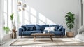 Home interior mock-up with blue sofa, wooden table and decor in white living room. AI Generative Royalty Free Stock Photo