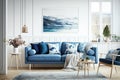 Home interior mock-up with blue sofa, wooden table and decor in white living room, panorama. Generative Ai Royalty Free Stock Photo