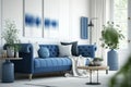 Home interior mock-up with blue sofa, wooden table and decor in white living room, panorama. Generative Ai Royalty Free Stock Photo