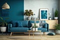 Home interior mock-up with blue sofa, wooden table and decor in white living room, panorama. Generative Ai Royalty Free Stock Photo