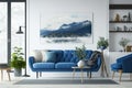 Home interior mock-up with blue sofa, wooden table and decor in white living room, panorama. Generative Ai Royalty Free Stock Photo