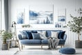 Home interior mock-up with blue sofa, wooden table and decor in white living room, panorama. Generative Ai Royalty Free Stock Photo