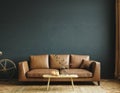 Home interior mock-up with brown leather sofa, table and decor in living room Royalty Free Stock Photo