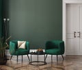 Home interior mock-up with green armchairs, table and decor in living room