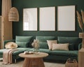 Home interior mock-up with green sofa, frames, table and decor in living room Royalty Free Stock Photo