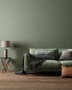 Home interior mock-up with green sofa, table and decor in living room Royalty Free Stock Photo