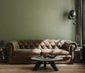 Home interior mock-up with green sofa, table and decor in living room Royalty Free Stock Photo