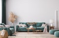 Home interior mock-up with green sofa, wooden table and trendy decoration in white bright living room