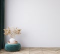 Home interior mock up in modern background, green living room with velvet pouf and white vase, Scandinavian style Royalty Free Stock Photo