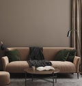 Home interior mock-up with modern brown sofa, table and decor in living room