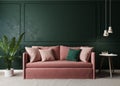 Home interior mock-up with pink sofa, table and decor in green living room, 3d rendering Royalty Free Stock Photo