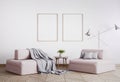 Home interior mock-up with pink sofa, 2 wooden frames, silver floor lamp and table in living room, Scandinavian style, 3d render