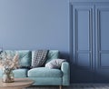 Home interior mock-up with turquoise sofa, wooden table and decor in blue classic living room Royalty Free Stock Photo