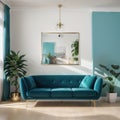 Home interior mockup with blue sofa marble table and tiffany blue wall decor in living room