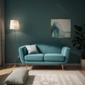 Home interior mockup with blue sofa marble table and tiffany blue wall decor in living room