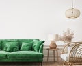 Home interior mockup, green comfortable sofa on empty white wall with wooden furniture