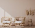 Home interior mockup, living room in cozy warm colors with rattan wooden furniture Royalty Free Stock Photo