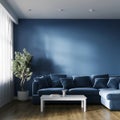 Home interior, modern dark blue living room interior, empty wall mockup, 3d rendering