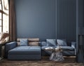 Home interior, modern dark blue living room interior, empty wall mock up Royalty Free Stock Photo