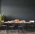 Home interior, modern dark dining room interior, black empty wall mock up