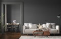 Home interior, modern dark living room interior, black empty wall mock up