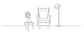 Home interior in one continuous line drawing. Modern furniture armchair and table and loft floor lamp in simple linear Royalty Free Stock Photo