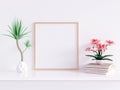 Home interior poster mock up with square metal frame and plants in pots on white wall background. 3D rendering illustration Royalty Free Stock Photo