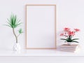 Home interior poster mock up with square metal frame and plants in pots on white wall background. 3D rendering illustration Royalty Free Stock Photo