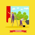 Home interior and room repair vector banner. Workers make renovation in apartment. People paint a wall in house