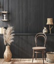 Home interior, rustic room with old rattan furniture and ethnic decor, blank wall mockup