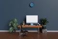 Home interior studio office blue concept desk table computer notebook tablet headphone keyboard mouse and tree plant palm monstera Royalty Free Stock Photo