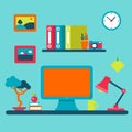 Home interior workplace and distant work flat vector concept