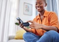 Home, invest or happy black girl with credit card or phone on payment on internet website or fintech. Online shopping Royalty Free Stock Photo