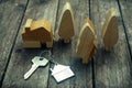 Home key with house keychain and wooden tree and home mockup on vintage wood background, property concept Royalty Free Stock Photo